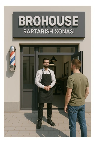 eni shu rasimga boyagi sartaosh oka eshik oldida tursin va tashqarida esa mijoz sticker