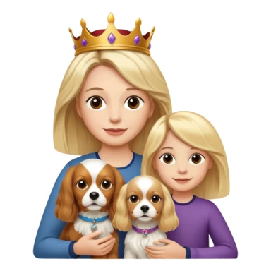 Make a picture of a mother, daughter and dog. Mother has short blond hair. Daughter has long blonde hair. Dog is a King Charles Spaniel. sticker