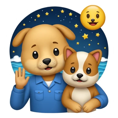 crea un emoji de buenas noches con texto : Buenas noches Javier y Tobi. Javier es un profesor y Tobi q sea un perro sticker