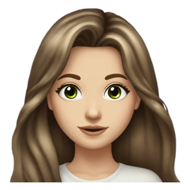 White girl green eyes with very long length voluminous brown hair with brown highlights balayage bangs sticker