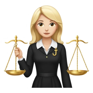 woman lawyer blanche et blonde habillée avec une longue robe noire et un col blanc, avec la balance de la justice derrière elle sticker