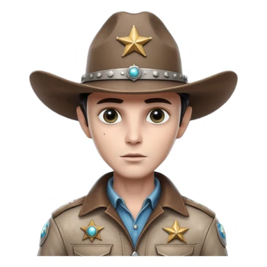 Close-up portrait of a classic grey alien cowboy, large black eyes, smooth pale skin, wearing a worn leather cowboy hat and futuristic sheriff badge, dramatic side lighting, shallow depth of field, ultra detailed skin texture, cinematic western sci-fi style
 sticker