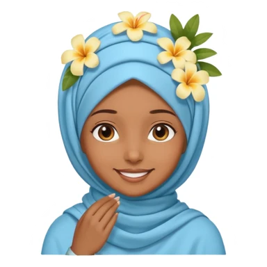 brown-skinned girl with a light blue hijab and a small tropical flower on her head, smiling sticker
