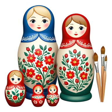Russian nesting dolls (matryoshka) painting icon, several dolls of different sizes being hand-painted with traditional floral patterns, paintbrushes, small pots of paint, and carving tools nearby, visible process of decoration, minimalistic style, clean lines, transparent background. sticker