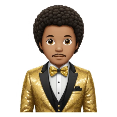 Quincy Jones with dark brown short afro hair, gold sequin suit with bow tie  sticker