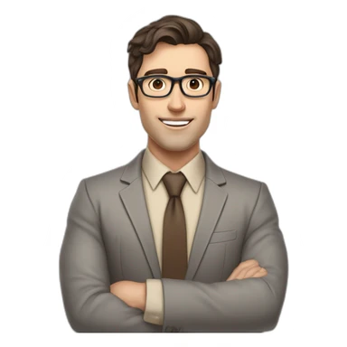 Pale skinned fit man with dark brown hair in gray jacket, beige office shirt, brown tie, brown pants and vintage glasses Writing on the flipchart sticker