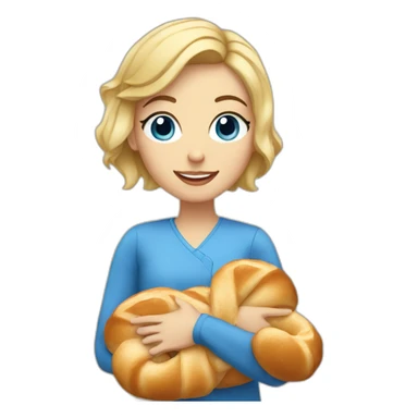 Blonde girl with blue eye and with short hair holding a challah sticker