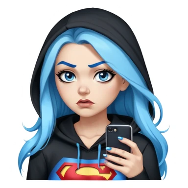 Female-Very tall-very very very large chest-really angry-texting on cell phone-very long straight flat black to sky blue hair ombre-blue eyes-black eyeliner-long eyelashes-hoodie with glitter superman logo-leggings-lippierced sticker