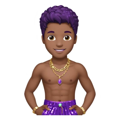 Prince Rogers Nelson with purple sequin baggy pants, shirtless with necklace, dark brown hair sticker