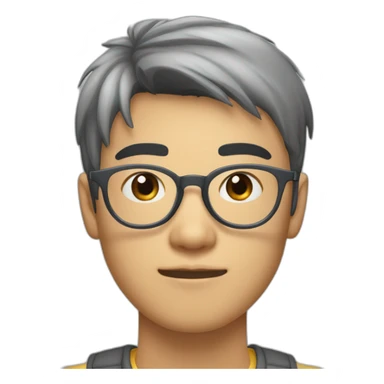 A 20-year-old Asian male with slightly pale skin, wearing transparent grey-framed glasses, with choppy bangs nearing his eyebrows, large eyes, and a slightly oval face. sticker