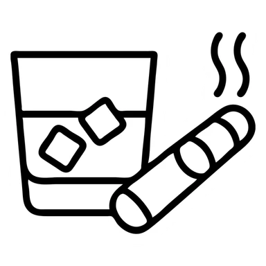a glass of whiskey and a cigar, elegant, minimal, suitable for a logo, simple black outlined icon with clean lines sticker