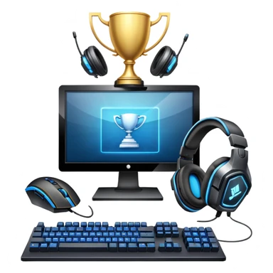 An icon featuring a gaming setup with a high-tech monitor displaying a competitive game, a keyboard, and a gaming mouse. The design includes a headset and a trophy, symbolizing victory and skill in esports. Transparent background highlights the energy and precision of professional gaming. sticker