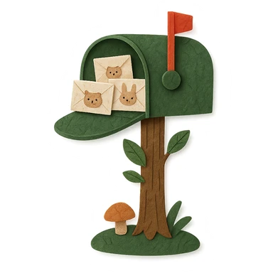 forest mailbox with tiny animal letters, cozy woodland theme, crafted from paper textures, delicate and charming sticker