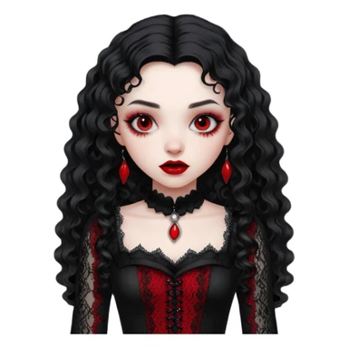 A girl with a red goth vampire look in a black and red goth lace dress with long sleeves and long black curly hair  sticker