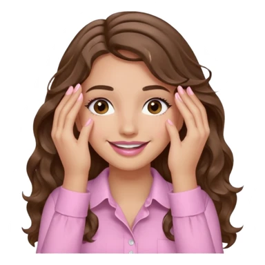 girl with wavy long brown hair, brown eyes, light to medium complexion, long lashes, light pink lipstick, wearing light pink shirt, smiling, hands covering over the eyes sticker