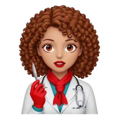 Lilith scalpel in hand, evil surgeon sexy surgeon clothes.  She has red eyes.  Hair is long. Hair is brown and curly hair. Wears sexy doctor outfit with red gloves. Sexy surgeon working for Cartel uses scarf to Covers mouth and neck mask  red sticker