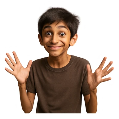 skinny Pakistani boy with expressive eyes and a cheeky smile, trying to be funny sticker