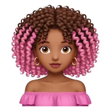 A brown skin girl with a curly 4C hair and she has a pink off shoulder top, sticker
