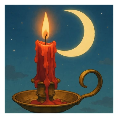 ghibli style dripping red candle in a gold holder with a crescent moon in the background sticker