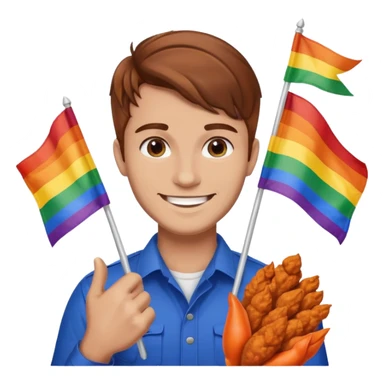 Guy with brown hair holding buffalo chicken and a gay pride flag sticker