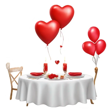 Red romantic party setting for two people and heart balloon  table with white cloth and candle with bows on the table photo Realistic  sticker