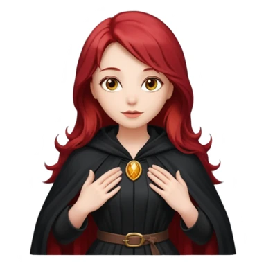 a beautiful woman with long red hair reaching her waist, hazel eyes, and wearing a black cloak sticker