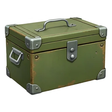 closed military box, simple shape, green or brown color, hint of military purpose sticker