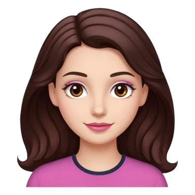 Tom de pele: clara com fundo rosado
Cabelos: longos, castanho escuro, levemente ondulados
Sobrancelhas: bem definidas e cheias
Olhos: castanhos claros (podem ser destacados com brilho)
Traços marcantes: lábios cheios e sorriso suave sticker