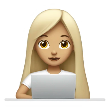 a girl with long dark straight hair and bangs, with fair, blond skin, working with a laptop (she is a marketer). wearing a white oversized t-shirt sticker