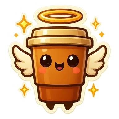 Tall coffee cup, shiney eyes, angel halo, wings, star sparkles sticker