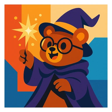 a cute bear witch hybrid, with glasses and a cloak, casting a spell, cartoon style sticker