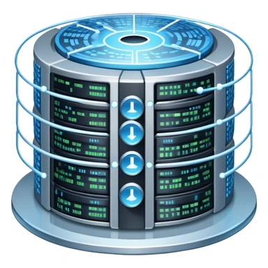 An icon featuring stacked server disks, a digital network grid, and binary code, symbolizing databases. The design includes data flow arrows, representing storage, organization, and retrieval of information. Transparent background highlights data-driven technologies. sticker
