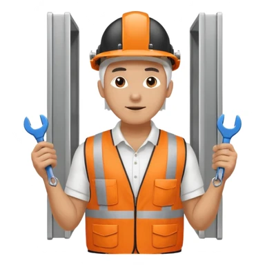 Guy with white head protection with ear noise canceller and orange vest With spanner. On his side carrying side panels for the white server racks sticker