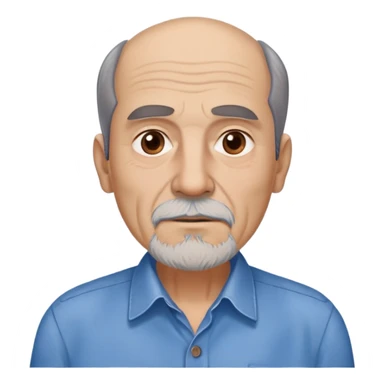 Older slim Hispanic man in his 60s with light skin. Thinner face with pronounced features. Expressive brown eyes, thick eyebrows showing age. Short brown hair with significant receding hairline. Scraggly brown beard with gray patches. Wearing a blue button-up shirt on his lean frame. sticker