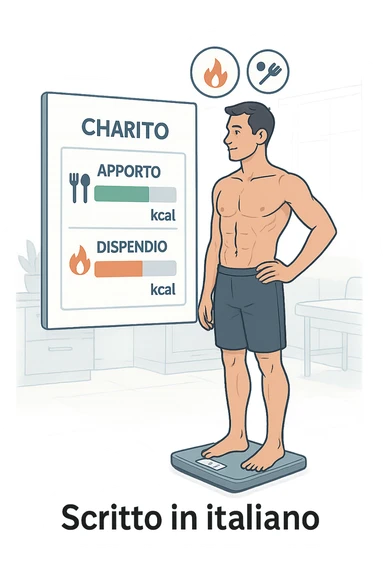 a man stands on a digital scale, looking at a nutrition chart that shows his daily calorie intake is lower than his energy expenditure. Floating icons above his head display a negative calorie balance, and his body appears slightly leaner, with visible muscle definition. The background is a modern clinic, emphasizing the concept of caloric deficit. scritto in italiano sticker