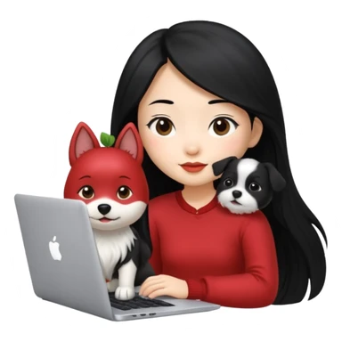 Asian girl with long black hair working on an Apple laptop, next to her is a small black and white dog with no collar on  sticker