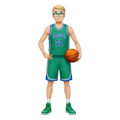 full body heavy tall white male basketball wearing glasses in blue an green uniform sticker