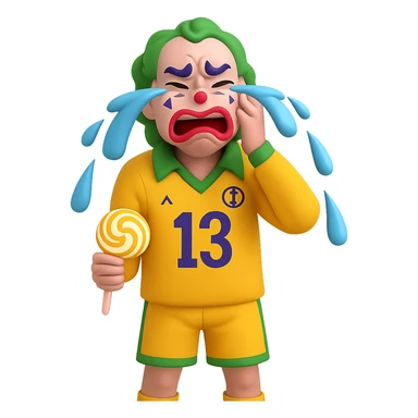 Make the ugly joker in the yellow jersey cry brutally out of envy, with exaggerated tears and a jealous, envious expression, still eating a lollipop, no background. Render in a style suitable for editing with transparent background. sticker