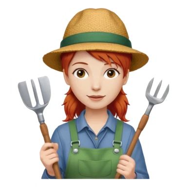 red hair gardener holding gardening tools, with hat sticker