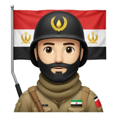surrenders, depicts an Iraqi soldier from 1980, with a beard, in a helmet, a helmet with sign flag Iraq, with a balaclava, with sad eyes and both hands raised up sticker