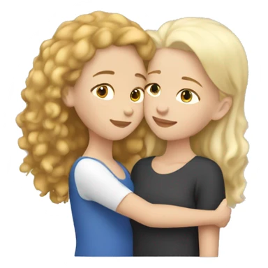 White skin adult girl with short straight blond hair hugging white skinned teenage girl with brown curly hair sticker