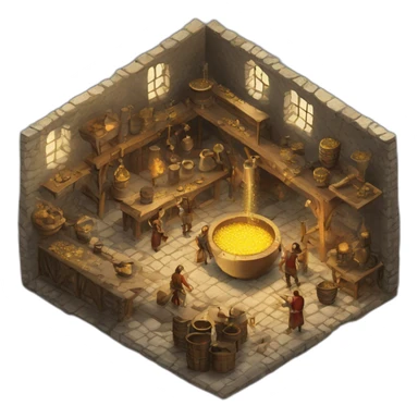 open floor plan of a medieval mint showing different people working, one person on the furnace, some people molding liquid gold into coins sticker