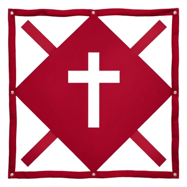 Bandera rectangular con fondo blanco liso. En el centro, una cruz de Borgoña en forma de aspa diagonal, hecha de dos ramas desgajadas con nudos y bordes irregulares. Color rojo oscuro intenso. Estilo plano y heráldico, sin sombras, sin texturas, sin texto ni elementos adicionales. sticker