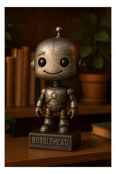 a robot bobblehead, metallic texture, friendly expression, cartoonish style sticker