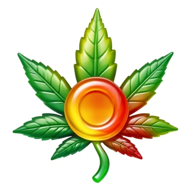 colorful shiny gusher gummy shaped like a cannabis leaf with a bite mark showing the liquid center sticker