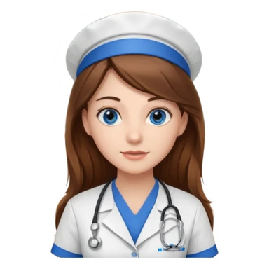 inside a classroom at university that says nursing school on the board with a pretty female nursing student with long brown hair, blue eyes sticker