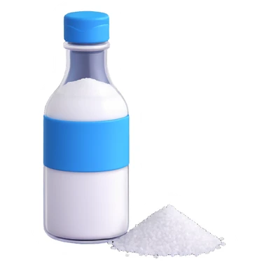 3D style salt bottle, cartoonish, blue cap, transparent body, white salt, playful look sticker