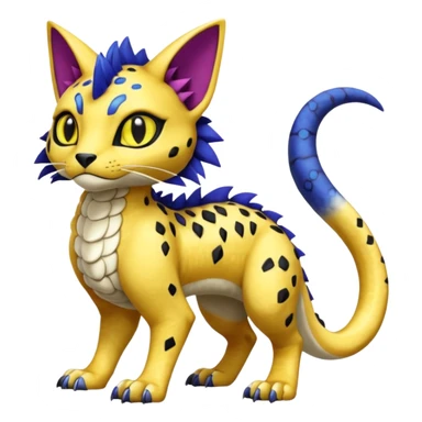 Egyptian furry hyper-realistic colorful with black rosette-splotches, scaley Bastet-Liepard-Noibat-Gatomon-Garchomp-Digimon-Fakémon-Pokémon-creature (full body) sticker