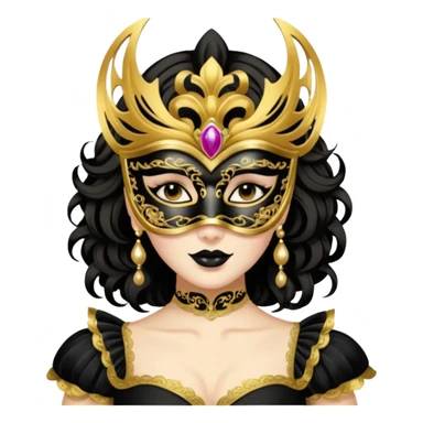A woman in an ornate gold masquerade mask and elegant outfit, holding the mask delicately. sticker