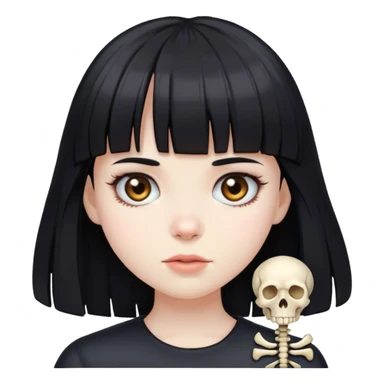 girl with black hair with bangs and a bones clip sticker